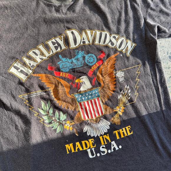 Harley-Davidson Unisex Medium T-Shirt Black Graphic Eagle USA 80s Biker Rare - Picture 2 of 3